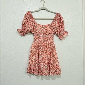 LUCCA Elegant Orange Floral Mini Dress with puff sleeves